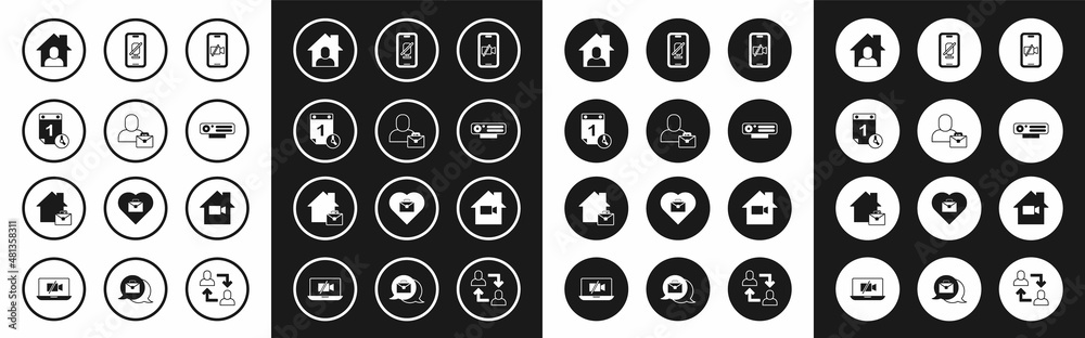 Set Video camera Off on mobile, Freelancer, Time management, Online working, Web, Mute microphone, home and icon. Vector Set Video camera Off on mobile, Freelancer, Time management, Online working, Web, Mute microphone, home and icon. Vector