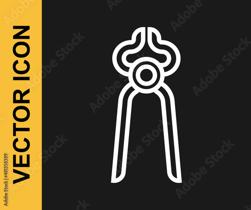 White line Blacksmith pliers tool icon isolated on black background. Vector