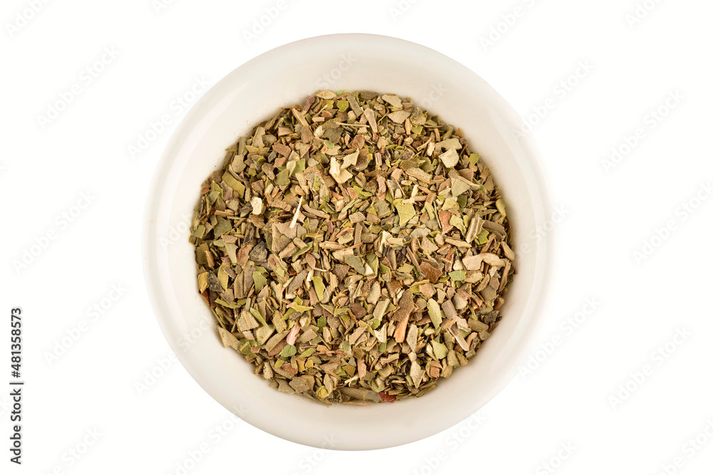 Top view of Oregano Seasoning in bowl Isolated on White Background with Clipping Path Top view of Oregano Seasoning in bowl Isolated on White Background with Clipping Path