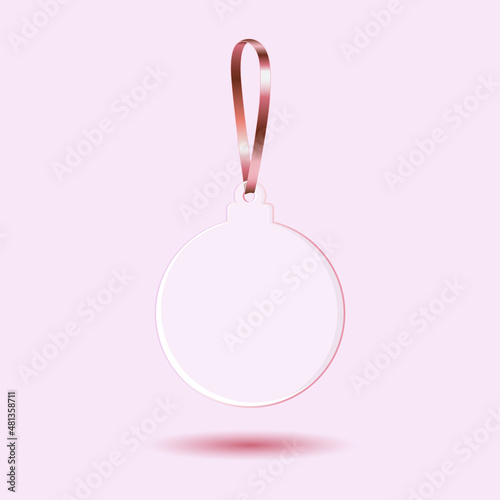 White transparent acrylic ornament with pink gold ribbon mockup template. Isolated on pastel pink background with shadow. Ready to use for your business. Realistic 3d vector illustration.
