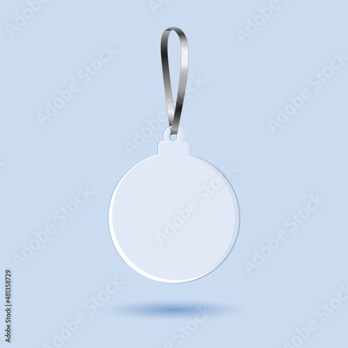 White transparent acrylic ornament with silver ribbon mockup template. Isolated on pastel blue background with shadow. Ready to use for your business. Realistic 3d vector illustration.