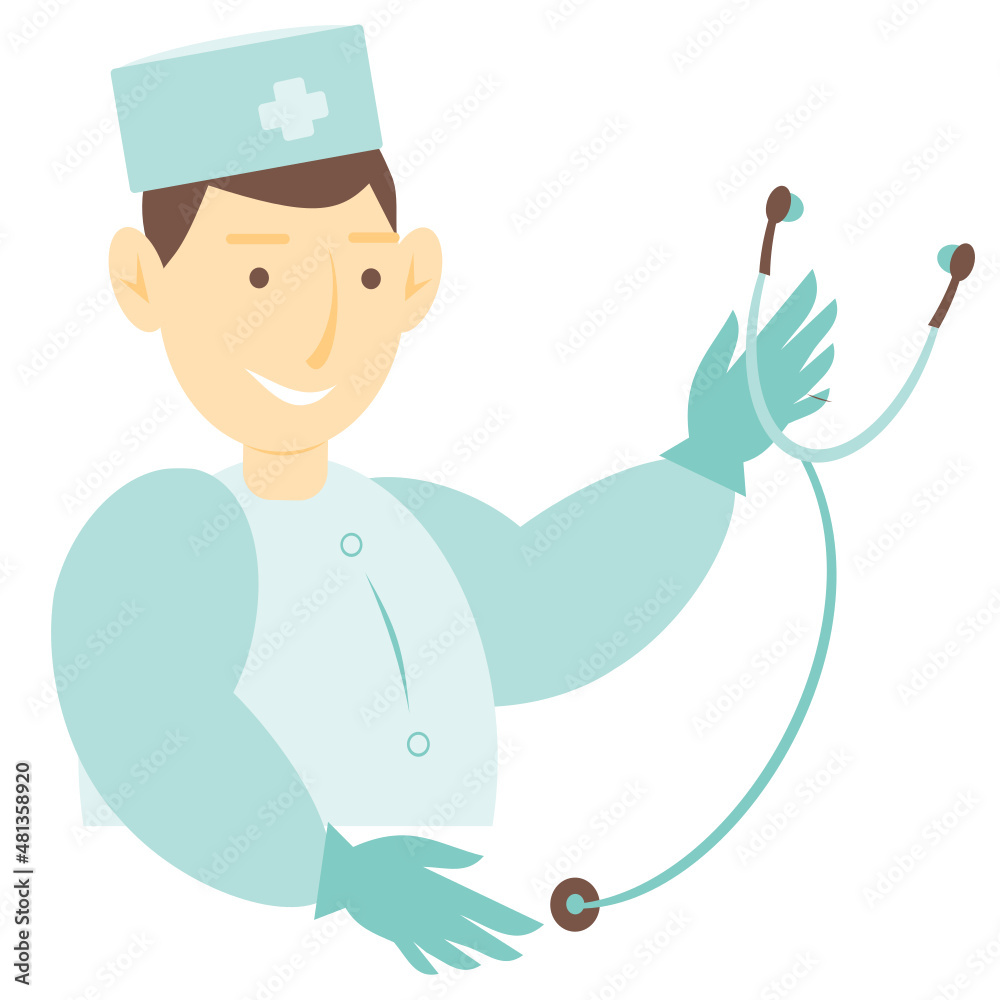 
A young doctor in a medical coat holds a stethoscope. Friendly medical staff. Doctor and stethoscope. Vector. Isolated