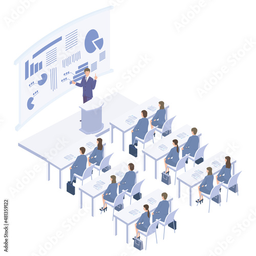 席に着いて研修を受ける社会人のアイソメイラスト