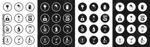 Set Cocktail shaker, Glass of beer, Tequila bottle, Wine glass, whiskey, Wooden mug, and Beer and can icon. Vector