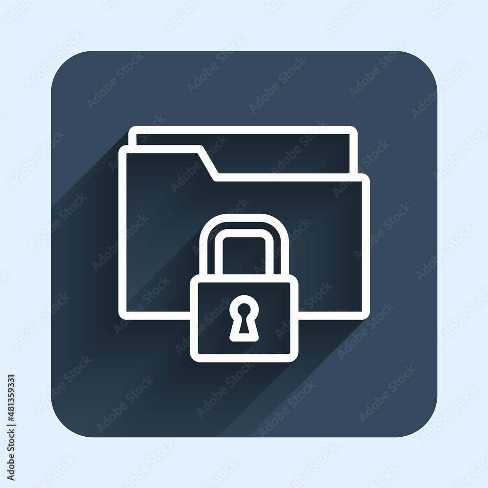 White line Folder and lock icon isolated with long shadow background. Closed folder and padlock. Security, safety, protection concept. Blue square button. Vector White line Folder and lock icon isolated with long shadow background. Closed folder and padlock. Security, safety, protection concept. Blue square button. Vector