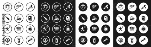 Set Bloody knife, Burning car, Bullet, Bandit, Playing cards, Pistol or gun, Murder and icon. Vector
