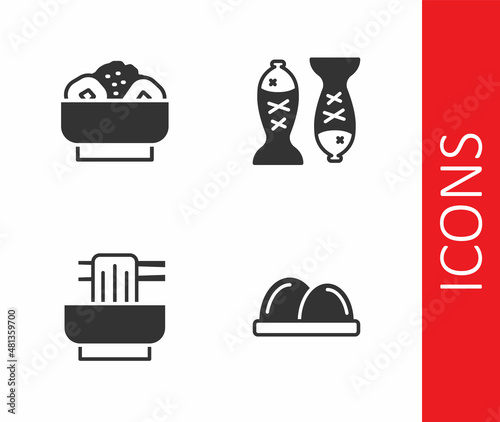 Set Sushi, Chow mein on plate, Asian noodles bowl and Served fish icon. Vector