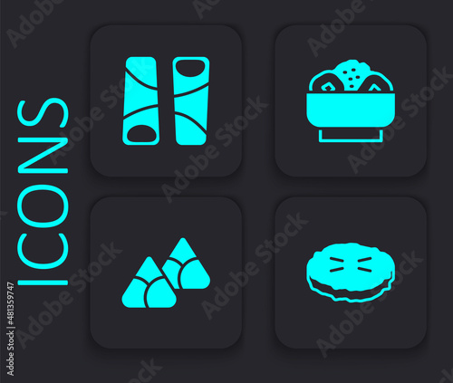 Set Homemade pie, Guotie, Chow mein on plate and Zongzi bamboo steamer icon. Black square button. Vector