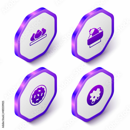 Set Isometric Dumpling, Rice with fish a bowl, Homemade pie and icon. Purple hexagon button. Vector