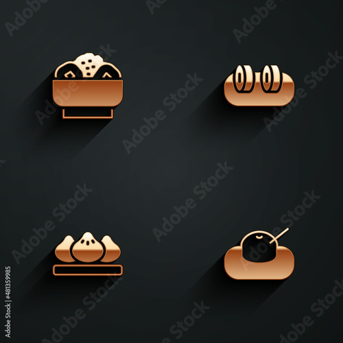 Set Chow mein on plate, Sushi, Dumpling and Mochi icon with long shadow. Vector