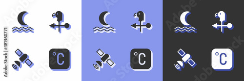 Set Celsius, Night fog or smoke, Satellite and Rooster weather vane icon. Vector