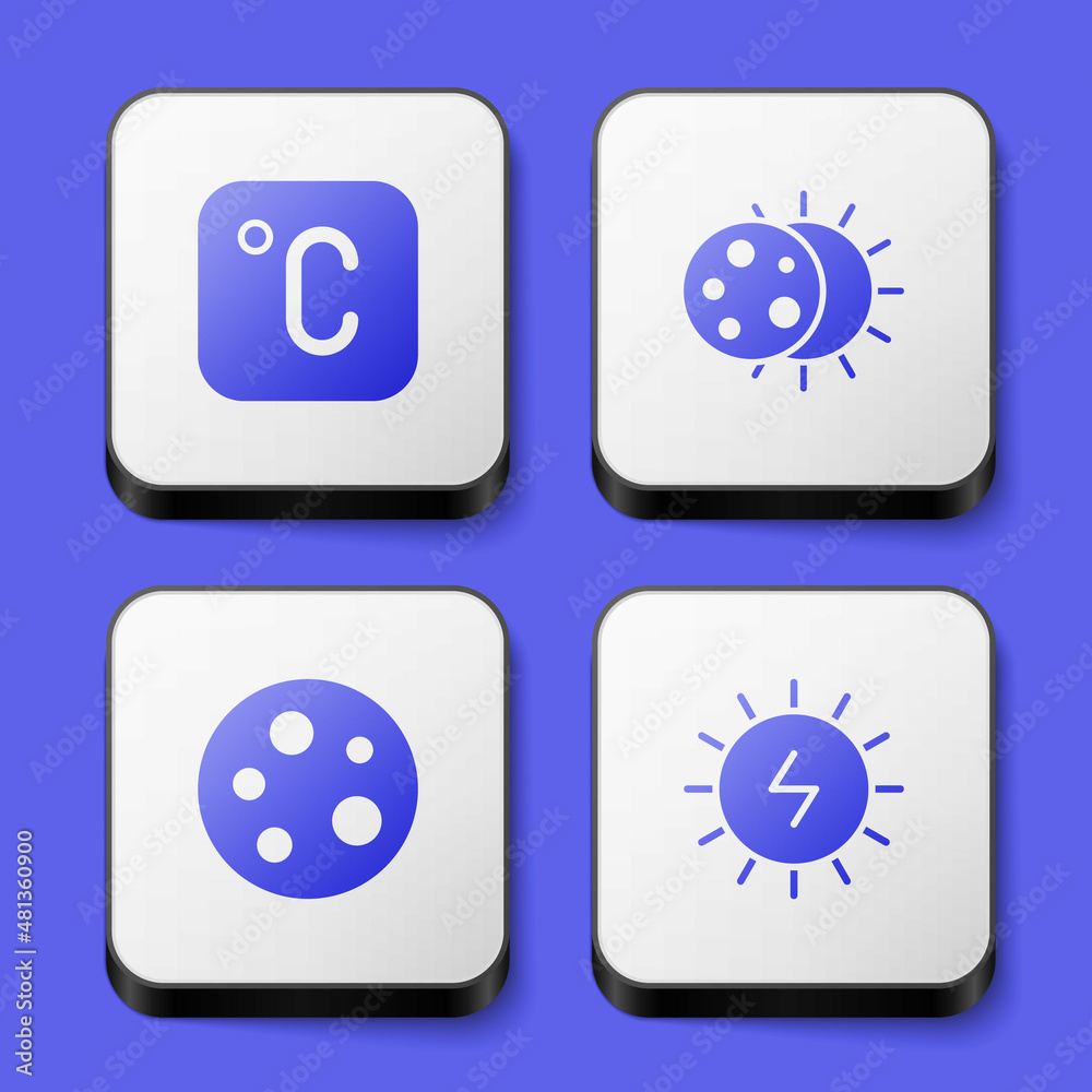 Set Celsius, Eclipse of the sun, Moon and Solar energy panel icon. White square button. Vector Set Celsius, Eclipse of the sun, Moon and Solar energy panel icon. White square button. Vector