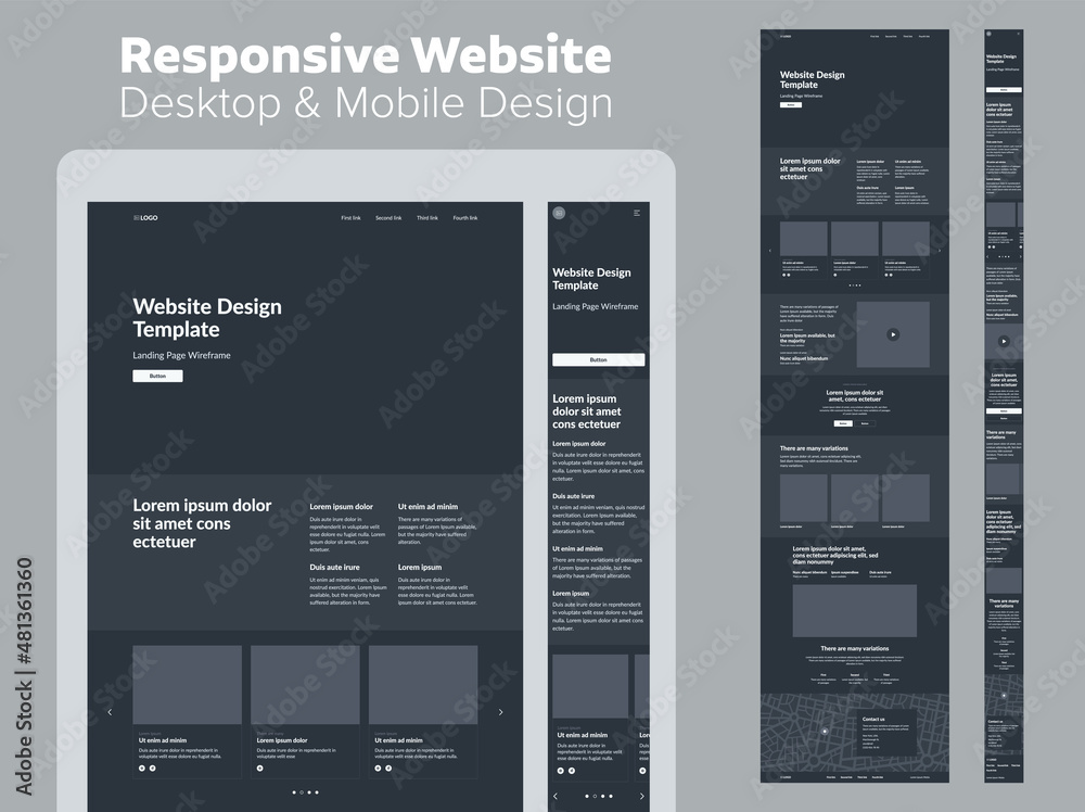 Design website dark mode. Desktop and mobile wireframe. Landing page template.