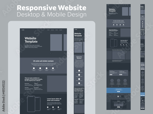 Design website dark mode. Desktop and mobile wireframe. Landing page template.