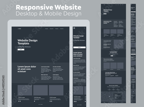 Design website dark mode. Desktop and mobile wireframe. Landing page template. photo