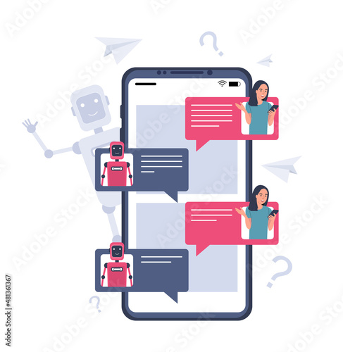 Chatting with a chat bot on a smartphone. Vector illustration.