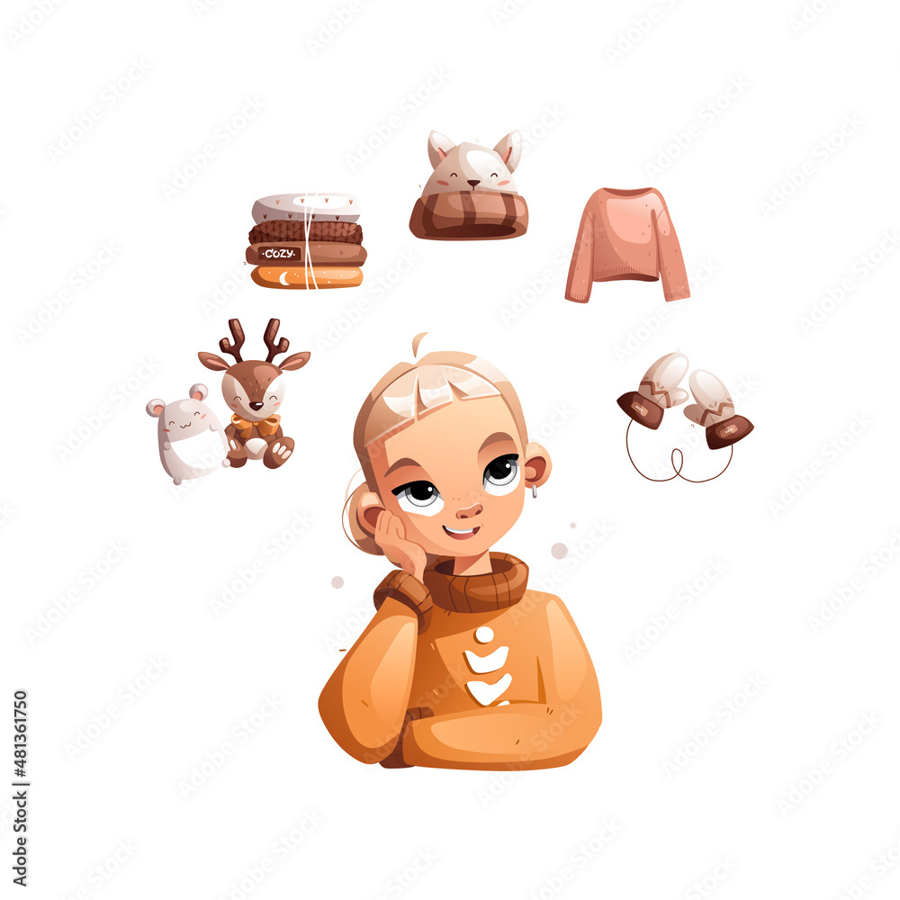 A happy creative cartoon girl dreams of knitted toys, clothes, a sweater,  mittens and a hat. Hobby courses or master classes for teaching knitting.  Detailed vector illustration. Stock Vector | Adobe Stock