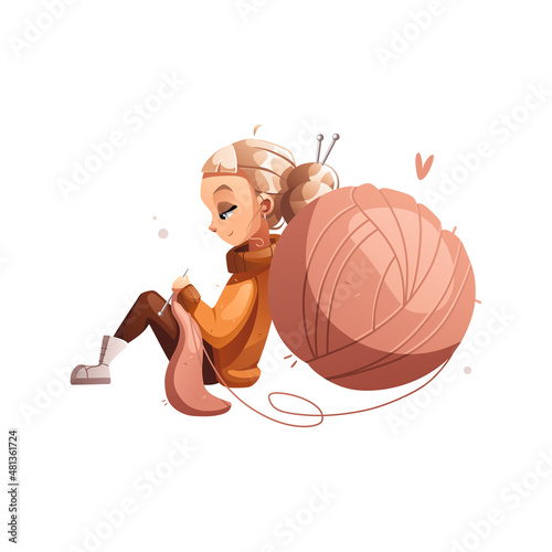 Happy creative cartoon girl knitting sitting next to a huge ball of wool. Hobby courses or master classes for teaching knitting. Detailed vector illustration.
