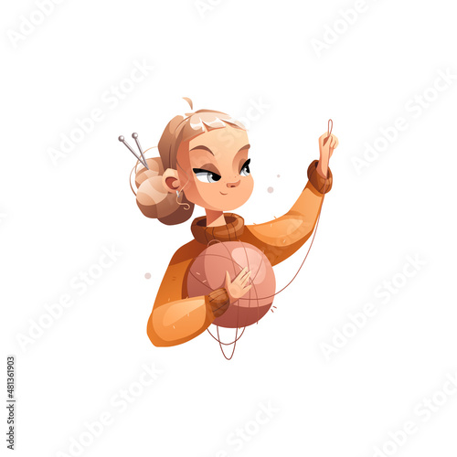 A happy creative cartoon girl is holding a large ball of wool in her hands. Hobby courses or master classes for teaching knitting. Detailed vector illustration.