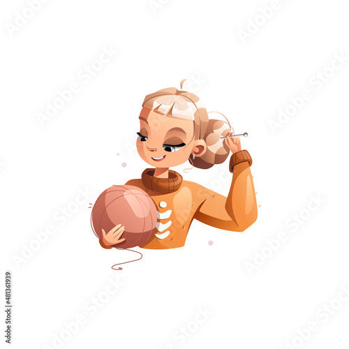 A happy creative cartoon girl is holding a large ball of wool in her hands. Hobby courses or master classes for teaching knitting. Detailed vector illustration.