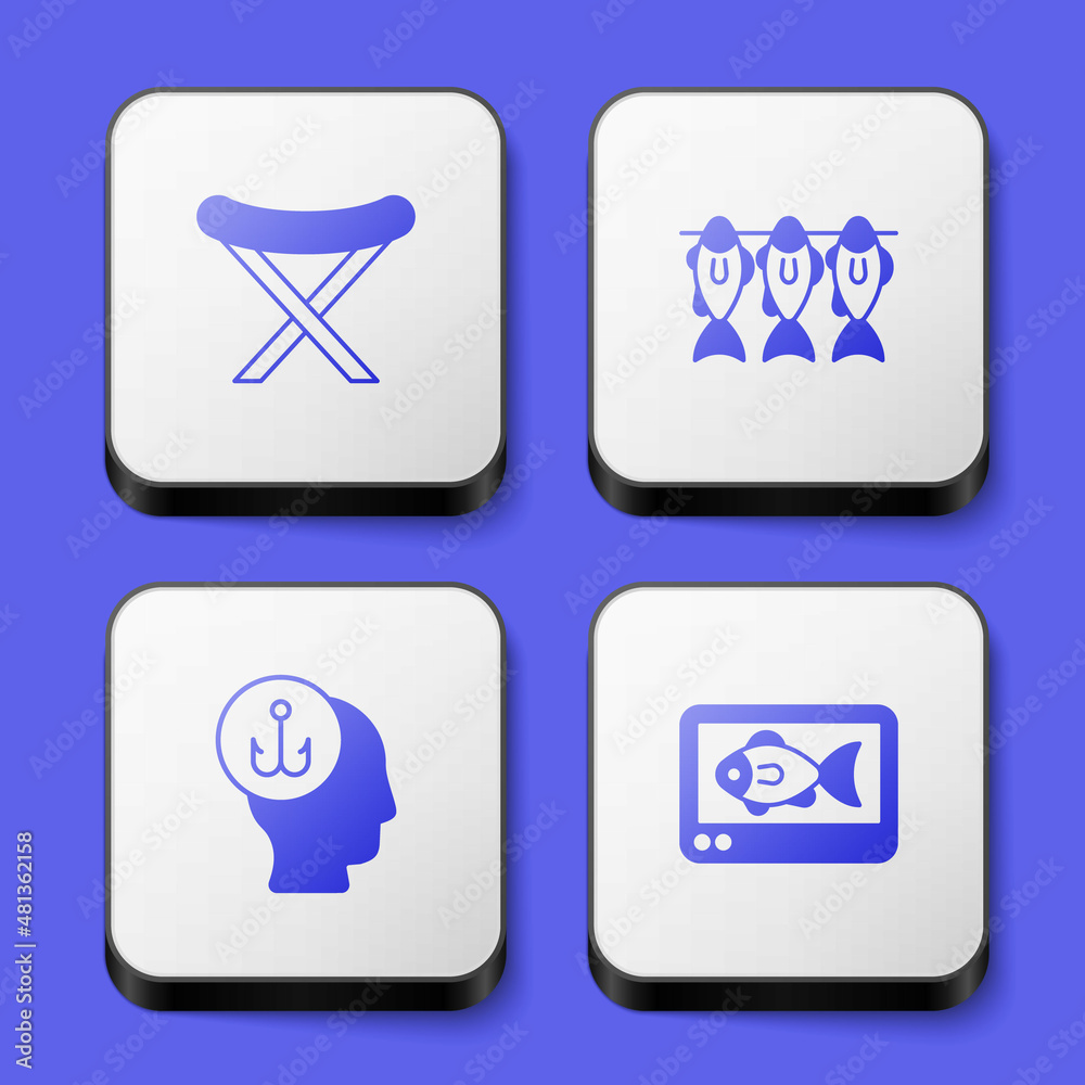 Set Camping folding chair, Dried fish, Fisherman and finder echo sounder icon. White square button. Vector Set Camping folding chair, Dried fish, Fisherman and finder echo sounder icon. White square button. Vector