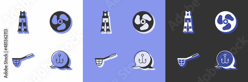 Set Fishing hook, Fisherman pants, net and Outboard boat motor icon. Vector