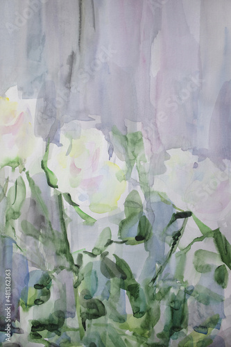Wedding elegant background. White roses watercolor wallpaper. Pastel colors texture. Naturalness concept. Gentle surface. Subtlety flowers. Fine art illustration.