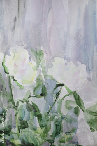 White roses background with copy space. Pastel colors wedding wallpaper. Relax delicacy watercolor. Brush strokes texture. Gentleness concept. Pearl shades flowers.