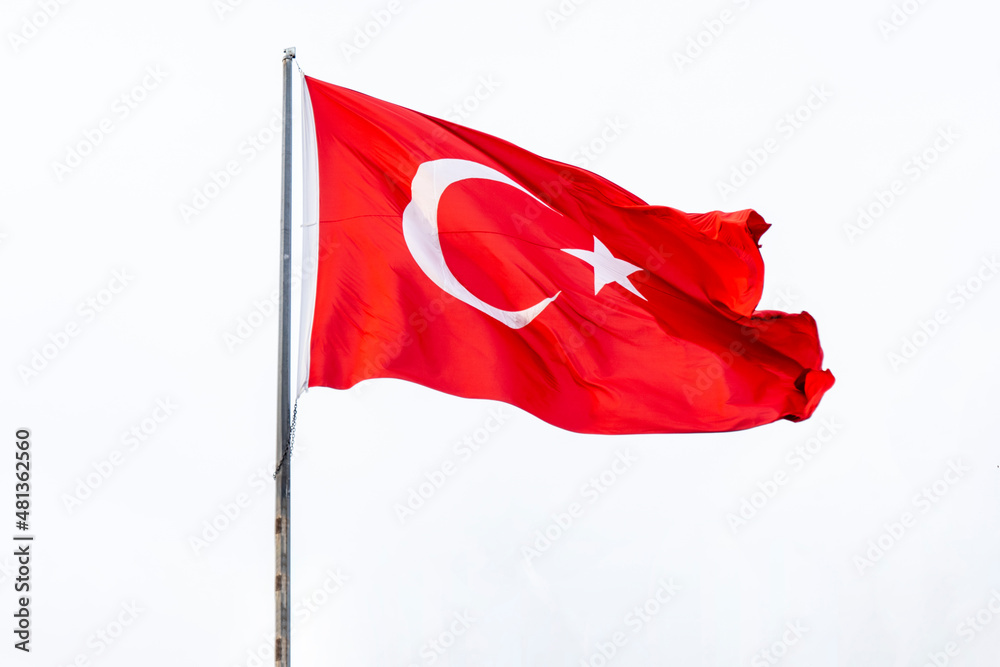 Turkish wavy flag on sky background - obrazy, fototapety, plakaty 