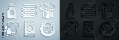 Set Washer, Dirty t-shirt, Towel stack and Bottle for cleaning agent icon. Vector