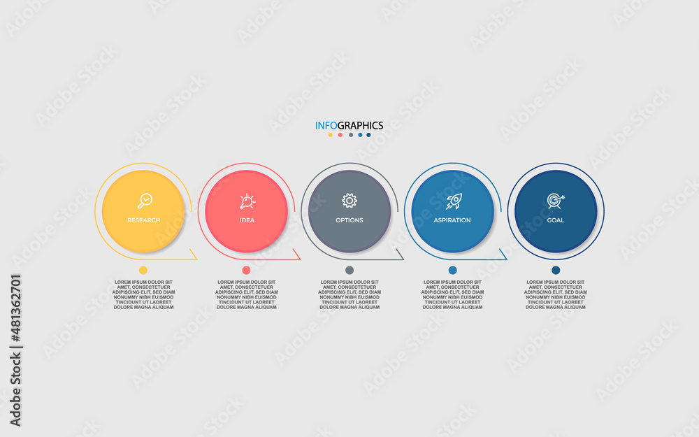 Business infographic with circle arrows and 5 options or steps. Timeline process design concept. Can be used for workflow diagram, info chart, web design. vector eps10 Business infographic with circle arrows and 5 options or steps. Timeline process design concept. Can be used for workflow diagram, info chart, web design. vector eps10