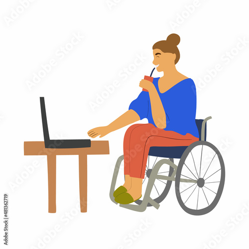 A disabled woman in a wheelchair works on the computer. The concept of inclusion and diversity in society. Vector illustration