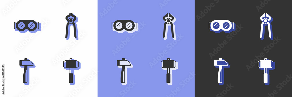 Set Sledgehammer, Welding glasses, Hammer and Blacksmith pliers tool icon. Vector