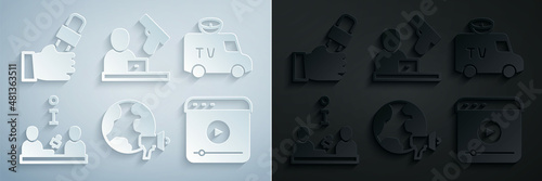 Set World news, TV News car, Interview, Live stream, Crime and Journalist icon. Vector