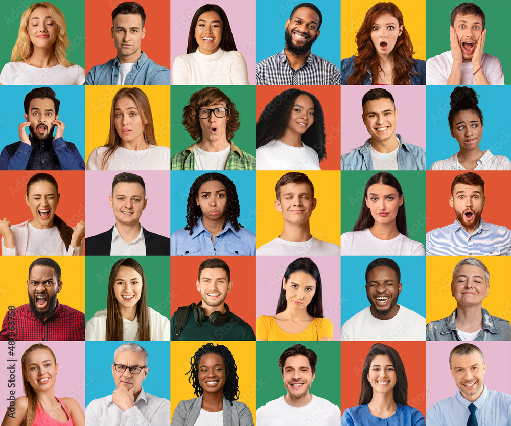 Collage of diverse people expressing different emotions Collage of diverse people expressing different emotions
