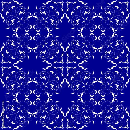 seamless botanical pattern of painted oriental motifs on a white background