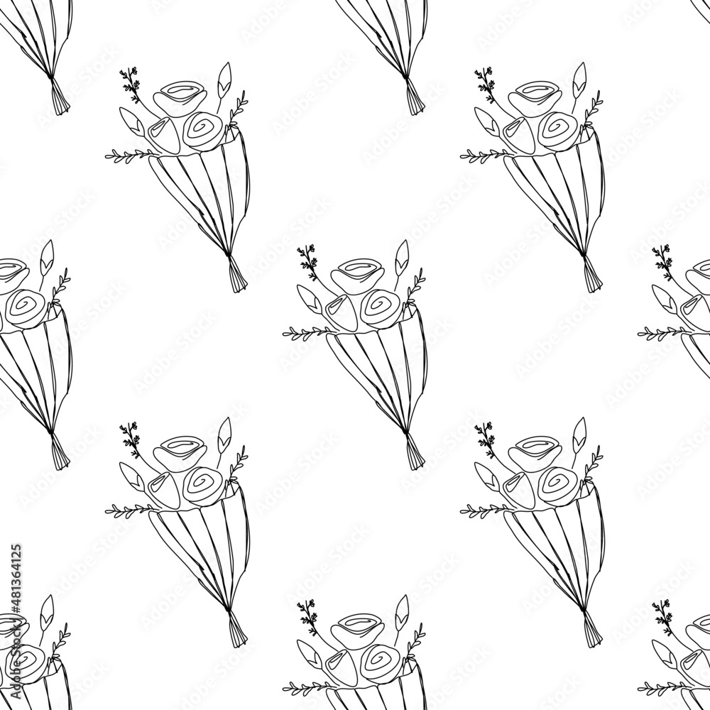 Obraz premium Set of flowers. Bouquet of flowers drawn with black strokes on a white background. Seamless image with flowers. Background for Valentine's decoration.