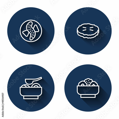 Set line Served cucumber on a plate, Homemade pie, Ramen soup bowl and Chow mein with long shadow. Blue circle button. Vector