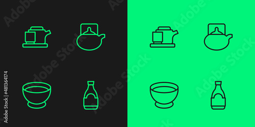 Set line Soy sauce bottle, in bowl, Traditional tea ceremony and icon. Vector