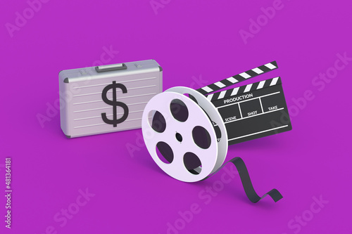 Suitcase with symbol of dollar near clapperboard and film reel. Investing in the film industry. Income, box office receipts from the sale, rental of films. Royalty from sale of the series. 3d render