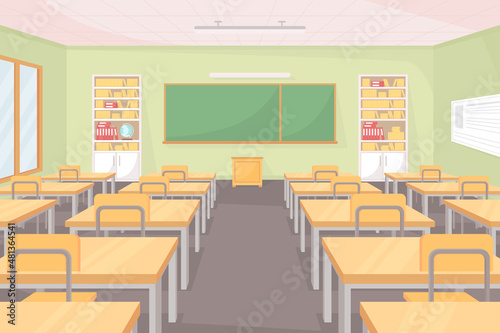 School classroom flat color vector illustration. Empty class with row of desks and chairs. Space for studying and teaching. Middle school room 2D cartoon interior with chalkboard on background