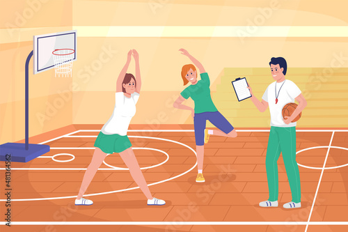 Basketball class flat color vector illustration. Coach training team members. Physical lesson. Students stretching before sports game 2D cartoon characters with school court interior on background