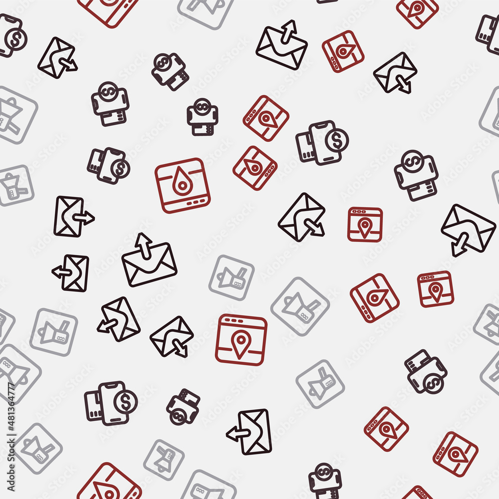Set line Mail and e-mail, Mobile with dollar, Megaphone and Infographic of city map on seamless pattern. Vector Set line Mail and e-mail, Mobile with dollar, Megaphone and Infographic of city map on seamless pattern. Vector