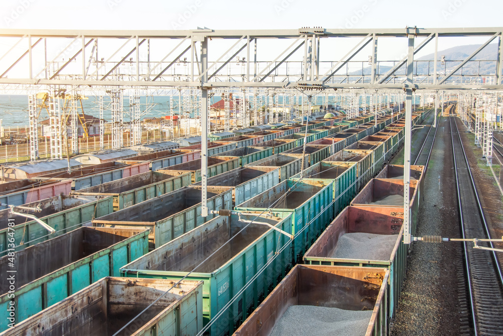 Freight Station with freight trains and various cargoes.