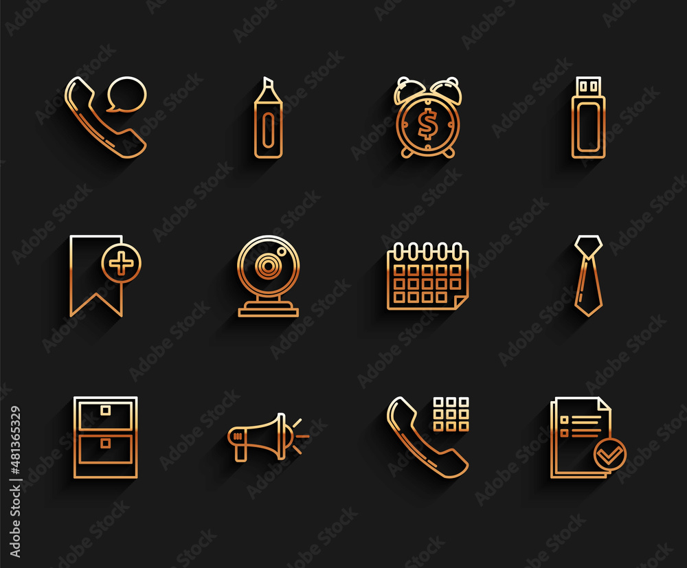 Set line Archive papers drawer, Megaphone, Telephone handset and speech bubble chat, Document check mark, Web camera, Tie and Calendar icon. Vector Set line Archive papers drawer, Megaphone, Telephone handset and speech bubble chat, Document check mark, Web camera, Tie and Calendar icon. Vector