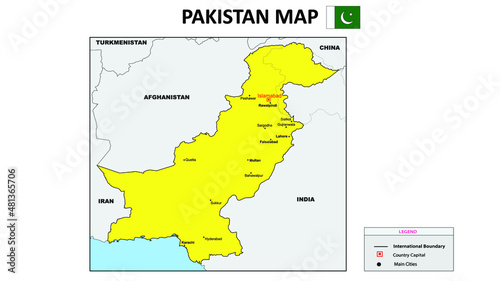 Pakistan map. Political map of Pakistan. Pakistan Map with yellow color.