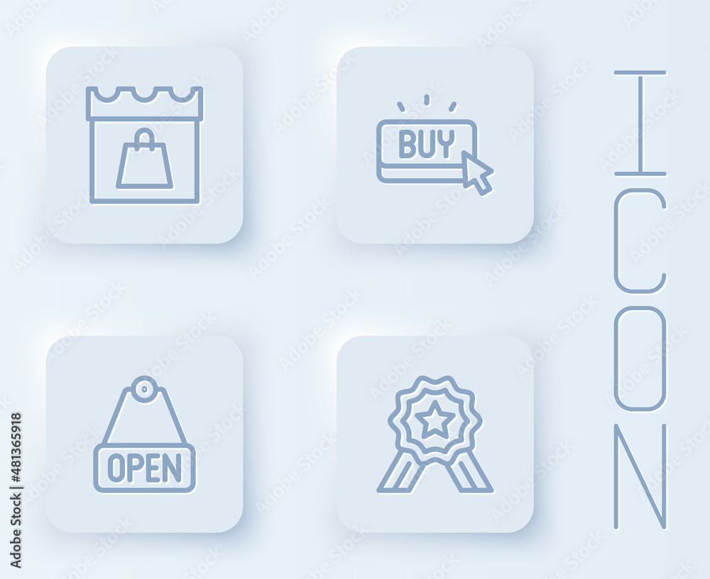 Set line Shopping day, Buy button, Hanging sign with text Open and Stars rating. White square button. Vector Set line Shopping day, Buy button, Hanging sign with text Open and Stars rating. White square button. Vector