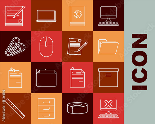 Set line Computer with keyboard and x mark, Carton cardboard box, Document folder, User manual, mouse, Paper clip, Blank notebook pen and pencil eraser icon. Vector