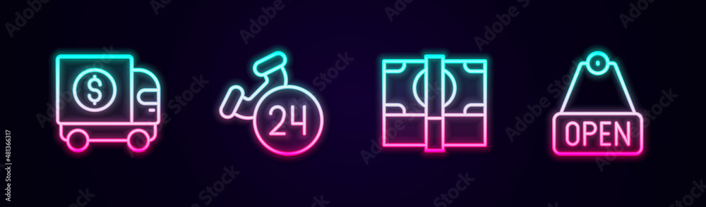 Set line Armored truck, Telephone 24 hours support, Stacks paper money cash and Hanging sign with text Open. Glowing neon icon. Vector Set line Armored truck, Telephone 24 hours support, Stacks paper money cash and Hanging sign with text Open. Glowing neon icon. Vector