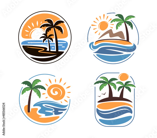 Fototapeta Naklejka Na Ścianę i Meble -  Palm sea beach logo. Summer holidays design labels, badges, emblem set
